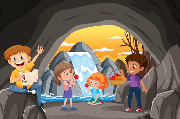 In cave scene with children exploring cartoon character