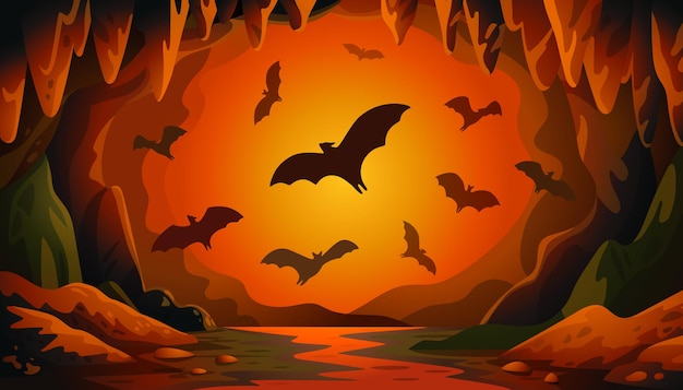 Vector cave with bats on sunset