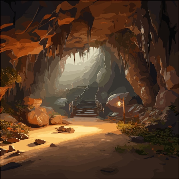 Vector a cave with stairs and a cave entrance game background