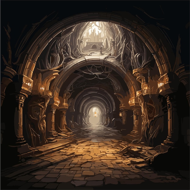 Vettore grotta con scale d'ingresso in un tunnel buio con luci gioco sfondo illustrazione vettoriale