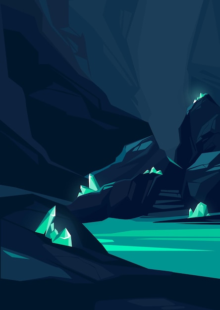 Vector cave with turquoise crystals underground location in portrait format