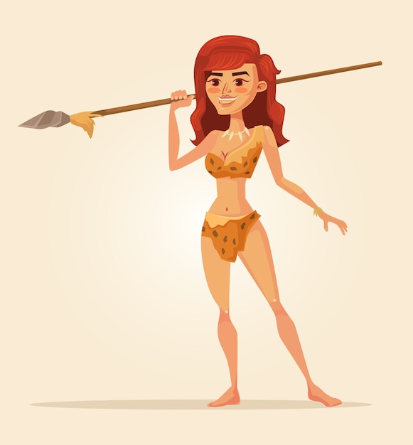 Vector cave woman character hold spear cartoon illustration