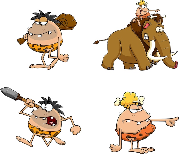 Caveman Cartoon Characters Vector Hand Drawn Collection Set Isolated On White Background