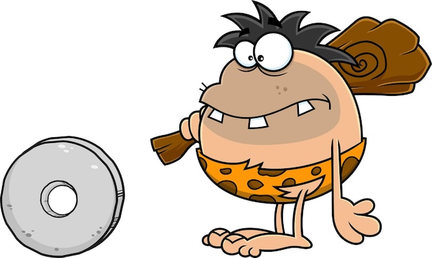 Vector caveman character with a stone wheel vector hand drawn illustration isolated on white background