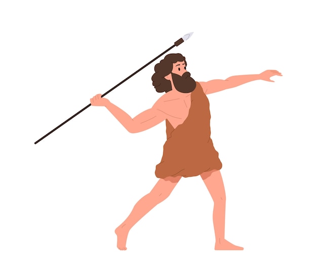 Caveman hunter cartoon character wearing tribal clothing running and throwing with ancient spear weapon vector illustration isolated on white background Stone age primitive people civilization life