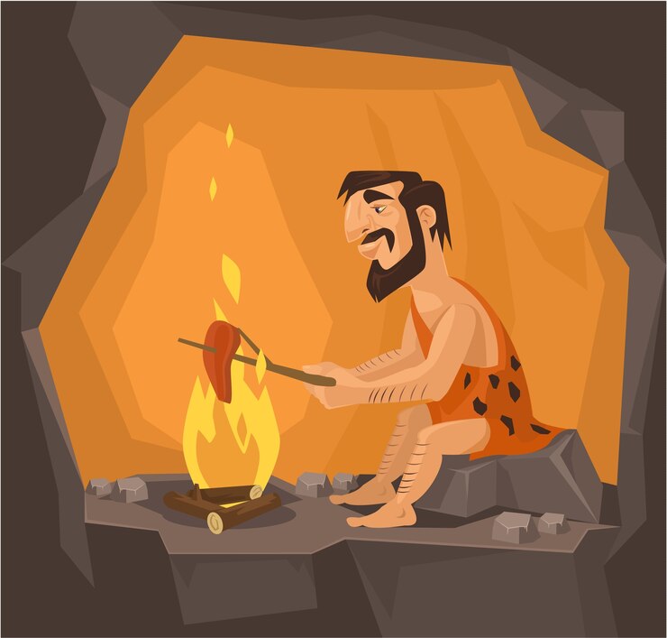 Vector caveman is cooking in cave illustration