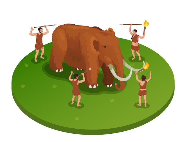 Vector caveman prehistoric primitive people isometric illustration with mammoth being attacked by group of people