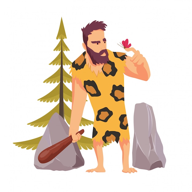 Vector caveman with a wooden club looking at the butterfly dressed in leopard skin