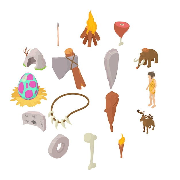 Vector cavemen human icons set, isometric style