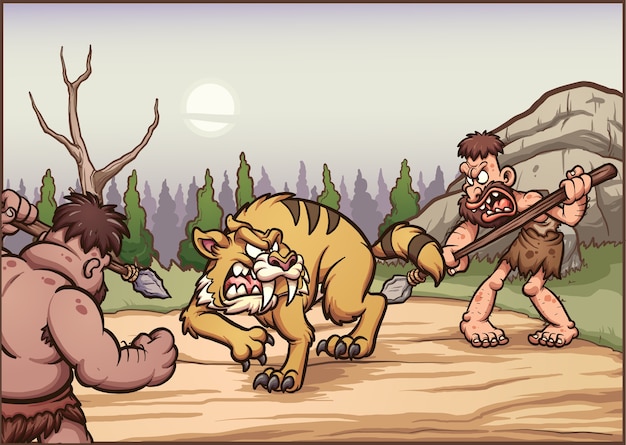 cavemen hunting saber-tooth