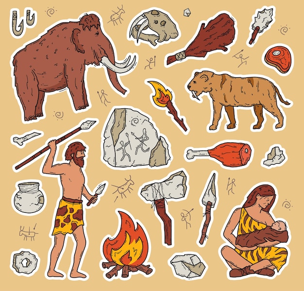 Vettore gli adesivi di doodle vettoriali degli uomini delle caverne e dei neanderthal nell'età della pietra fissano le persone primitive