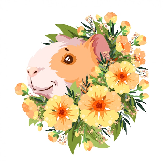 Cavia in gele bloemen.