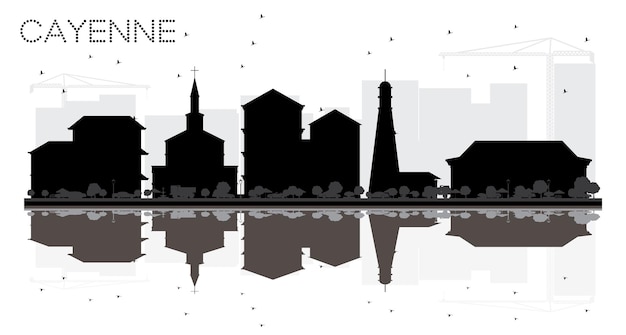 Кайенна Французская Гвиана-Сити горизонт черно-белый силуэт с отражениями. Простая плоская иллюстрация для туристической презентации, баннера, плаката или веб-сайта. Кайенский городской пейзаж с достопримечательностями.