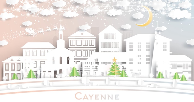 Cayenne French Guiana City Skyline in Paper Cut Style with Snowflakes Moon and Neon Garland