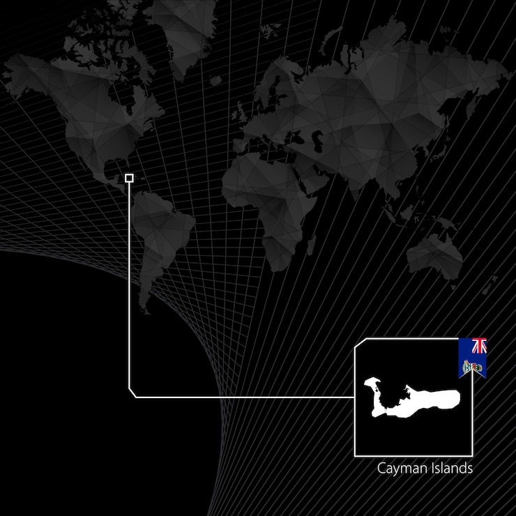 Vector cayman islands on black world map map and flag of cayman islands