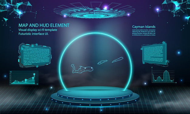 ケイマン諸島マップ光接続効果背景抽象デジタル技術 UI GUI 未来的な HUD ケイマン諸島マップとの仮想インターフェイス霧の中のステージ未来的な表彰台