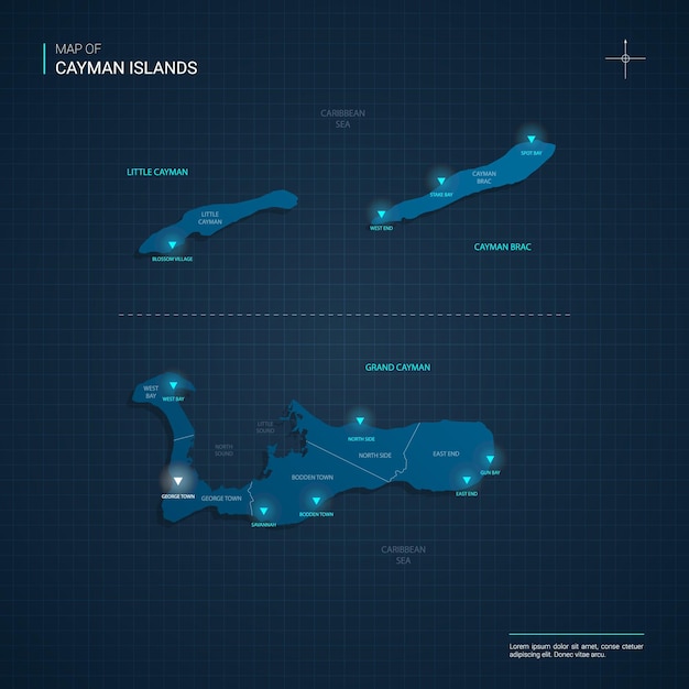 Mappa delle isole cayman con punti luce al neon blu