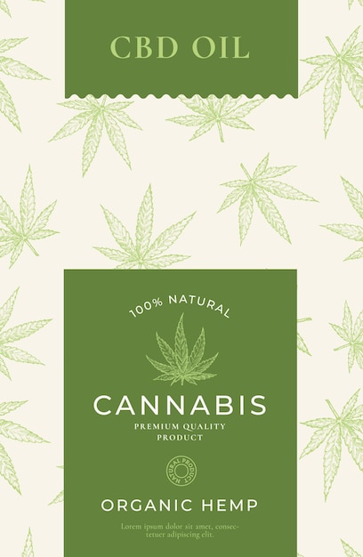 CBDオイル抽象的なベクトルデザインラベル現代のタイポグラフィと手描きの大麻の葉のスケッチロゴと麻のパターンシルエット背景レイアウト