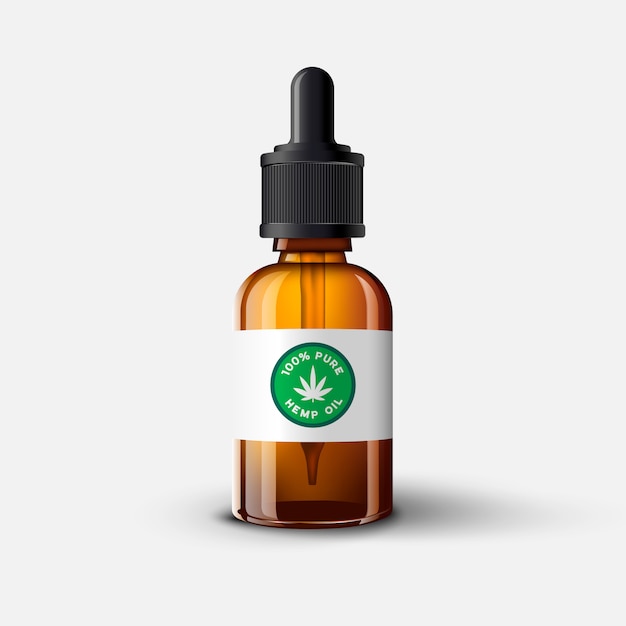 Modello di bottiglia di vetro olio cbd con foglia di cannabis