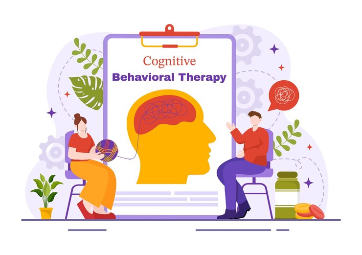 Vector cbt or cognitive behavioural therapy vector illustration with person manage their problems emotions depression or mindset in mental health background