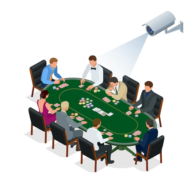 CCTV security camera on isometric illustration of people playing poker at the casino