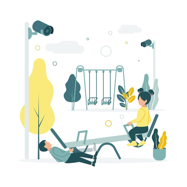 cctv vector illustration of children swinging on a swing at the playground in kindergarten the boy fell the surveillance cameras are filming against the background of trees plants clouds