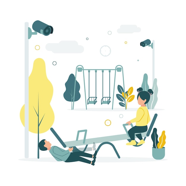 CCTV Vector illustration of children swinging on a swing at the playground in kindergarten the boy fell the surveillance cameras are filming against the background of trees plants clouds