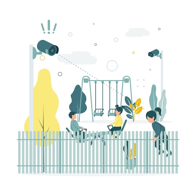 Vector cctv vector illustration of children swinging on a swing at the playground in kindergarten video surveillance cameras are filming as a girl tries to climb out of the fence