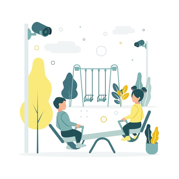 CCTV Vector illustration of children swinging on a swing at the playground in kindergarten video surveillance cameras are shooting against the background of trees plants clouds