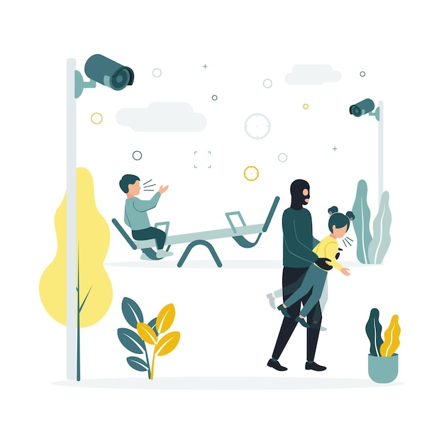 cctv vector illustration in a kindergarten on the playground a boy on a swing a masked criminal kidnapped a girl security cameras record a crime in the background trees bushes clouds