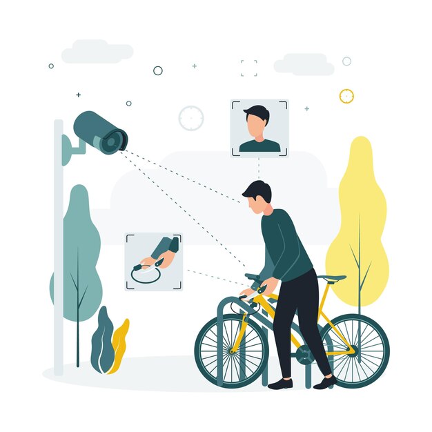 CCTV Vector illustration a man steals a bicycle a surveillance camera takes it off A surveillance camera captures a crime a man with a knife steals someone else bicycle