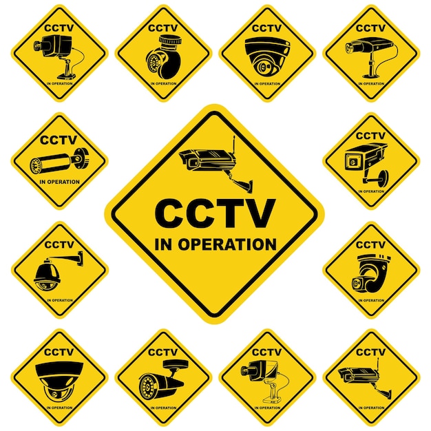 Cctv 경고 노란색 기호 흰색 배경에 고립 된 비디오 감시 스티커 보안 카메라 벡터 아이콘 세트