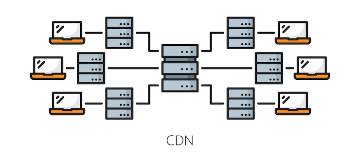वेक्टर cdn content delivery network icon blog or web portal file storage and backup server website database administration and publishing system cdn line vector symbol with network laptop and servers