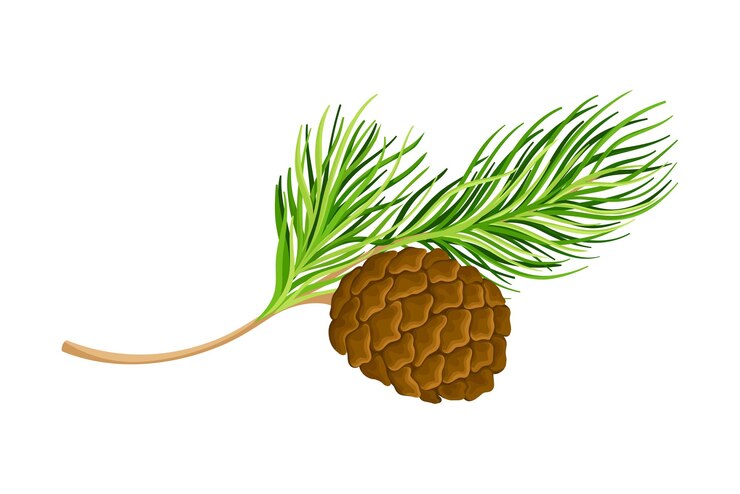Vector cedar branch with evergreen needlelike leaves and barrelshaped brown seed cones vector illustration