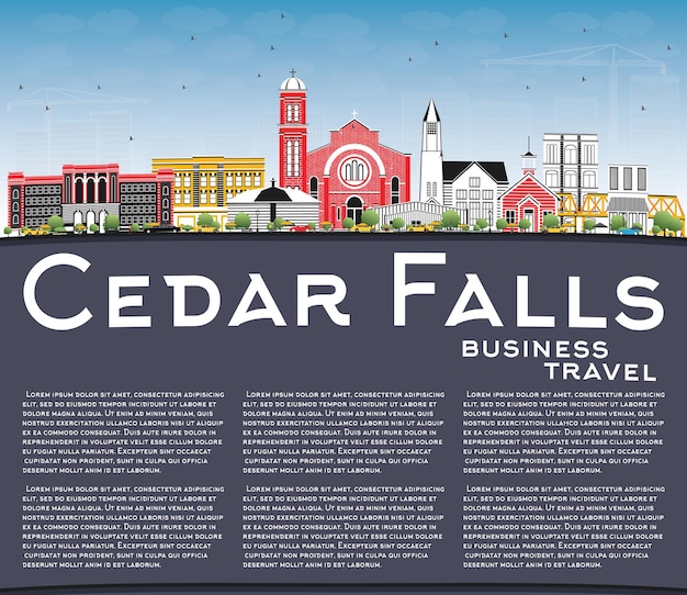 Cedar Falls Iowa Skyline met kleur gebouwen, blauwe lucht en kopie ruimte. Vectorillustratie. Zakelijke reizen en toerisme illustratie met historische architectuur. Cedar Falls stadsgezicht met monumenten.