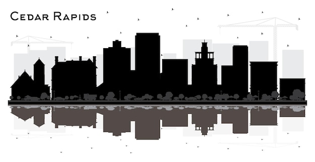 シーダーラピッズアイオワシティのスカイラインのシルエット、黒い建物と反射が白で隔離