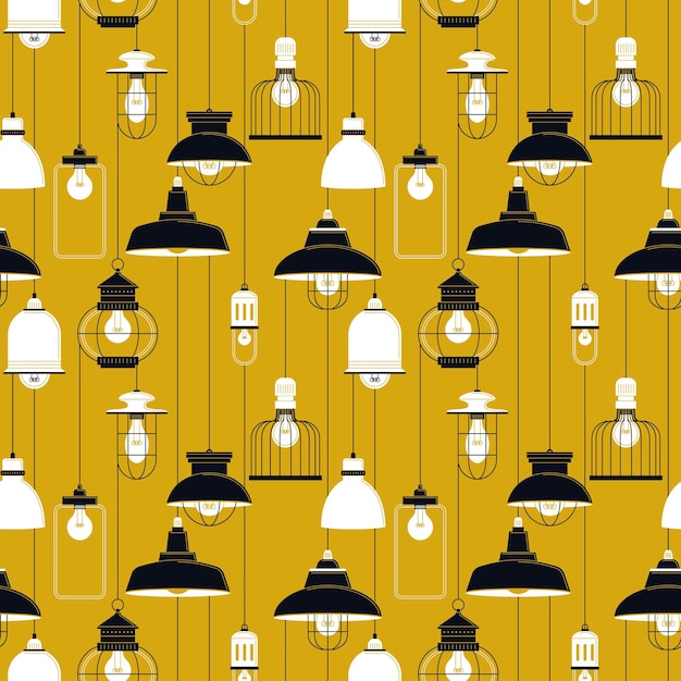 Ceiling lamp seamless pattern, diverse lamps in retro style