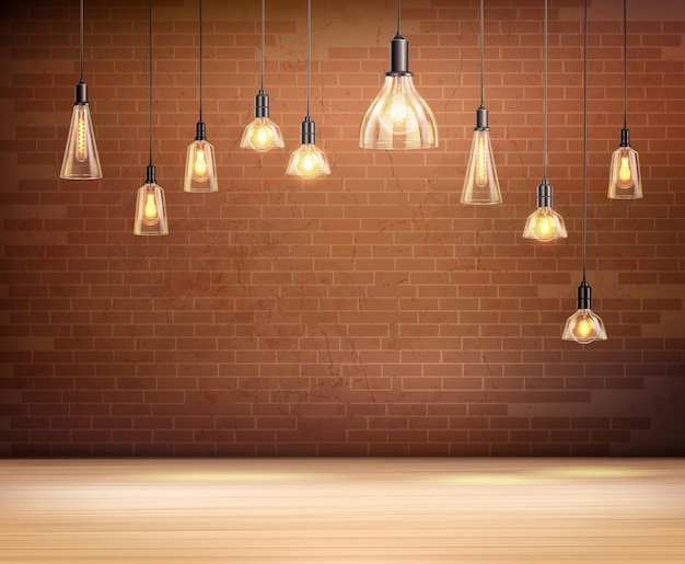 Потолочные лампы в пустой комнате с коричневой кирпичной стеной реалистичная иллюстрация