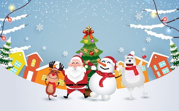 celebrate christmas with funny Santa Claus, snowman, deer and bear