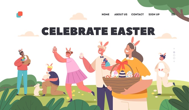 Vector celebrate easter landing page template happy kids hunt eggs in spring garden little boys and girls finding eggs