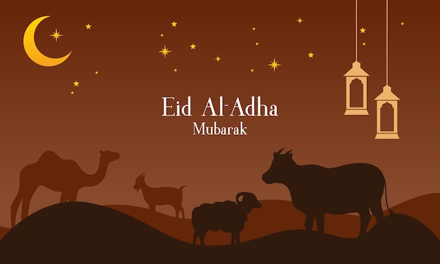 Vector celebrate eid al adha mubarak islamic background with qurban animals