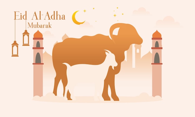 Qurban 동물과 함께 Eid Al Adha Mubarak 이슬람 배경 축하