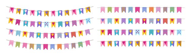 Celebrate hanging bunting garlands cartoon set birthday party valentine anniversary flags vector