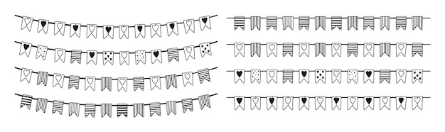 Celebrate hanging bunting garlands doodle set birthday party valentine festival flags border vector