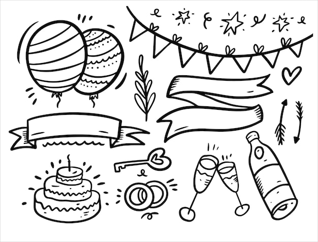 Vector celebrate and happy birthday doodles elements set isolated on white