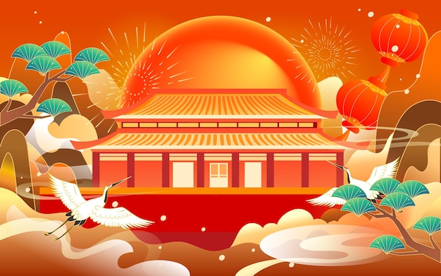 Celebrate National Day traditional Chinese architecture with clouds and mountain peaks