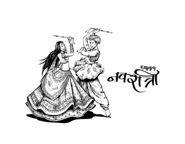 Vector celebrate navratri festival with dancing garba men & woman design vector, hand drawn vector illustration.