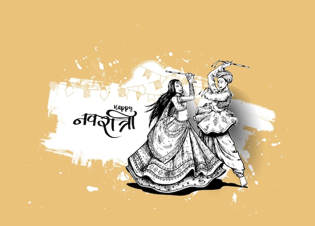 Celebrate navratri festival with dancing garba men & woman design vector, hand drawn vector illustration.
