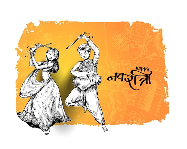 Celebrate navratri festival with dancing garba men & woman design vector, Hand Drawn Vector illustration.