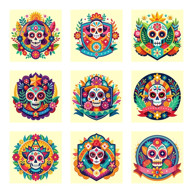 Celebrate the vibrant spirit of Dia de los Muertos Design a colorful badge that pays homage